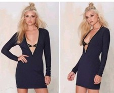 Nasty Gal Ribbed Navy Blue Long Sleeve Zipper Dress Size XS Stretchy 