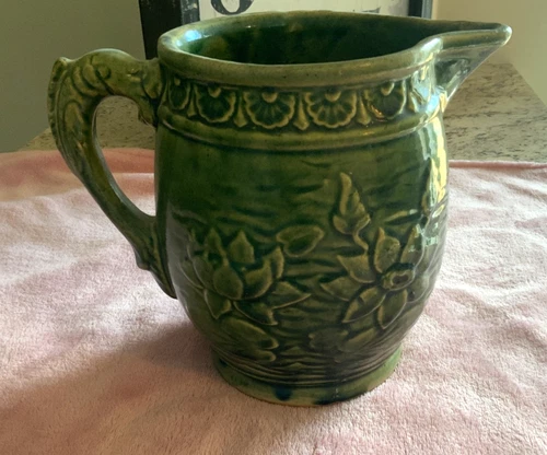 McCoy Green Stoneware Pitcher Water Lily With Fish Handle Vintage