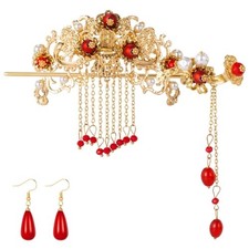 Chinese Hair Accessories for Wedding, Red Tassel Hair Pin Alloy Pearl Hair