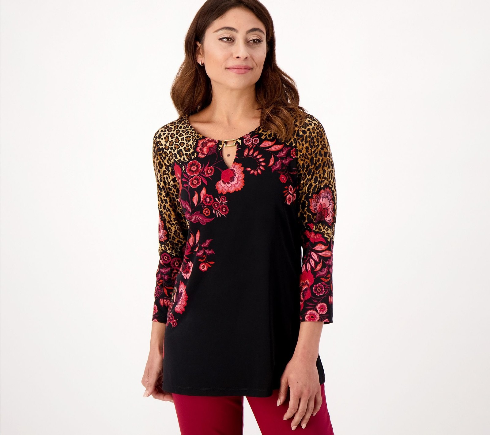 Susan Graver Women's Top Plus Sz 3X Printed Liquid Knit Keyhole Trim Red A544657