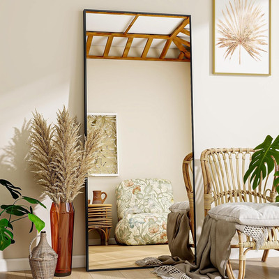Full Length Floor Mirror 21'' x 57'' with Stand, Black Aluminum Frame