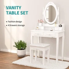 Vanity Dressing Table Set Makeup Mirror With 4 Drawers Jewelry Organizers Girls