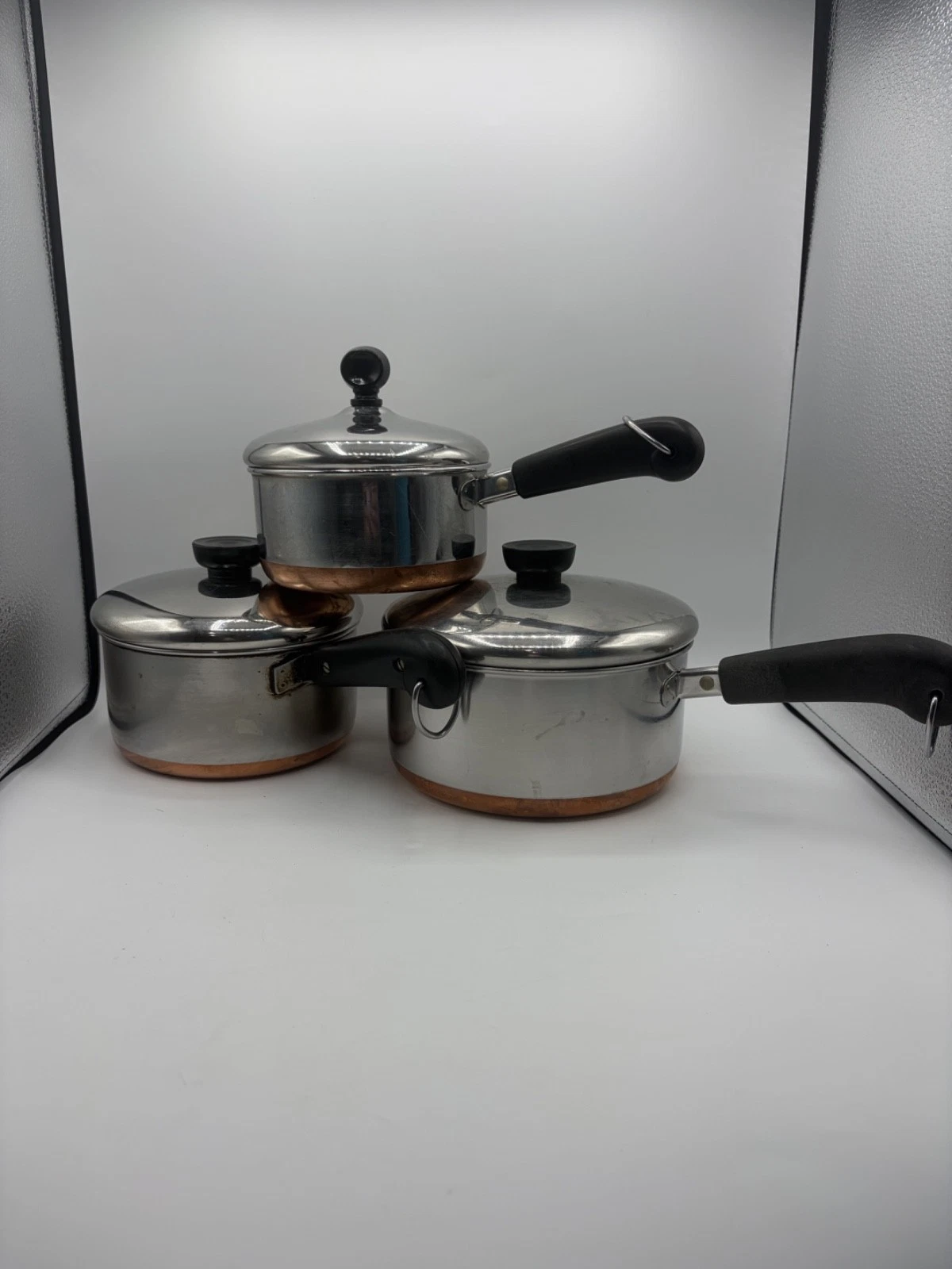 3 Revere Ware 1801 Copper Bottom Cookware Pot w/ Lids 3 ct Vtg. 1 Pan w/ Lid Bsh