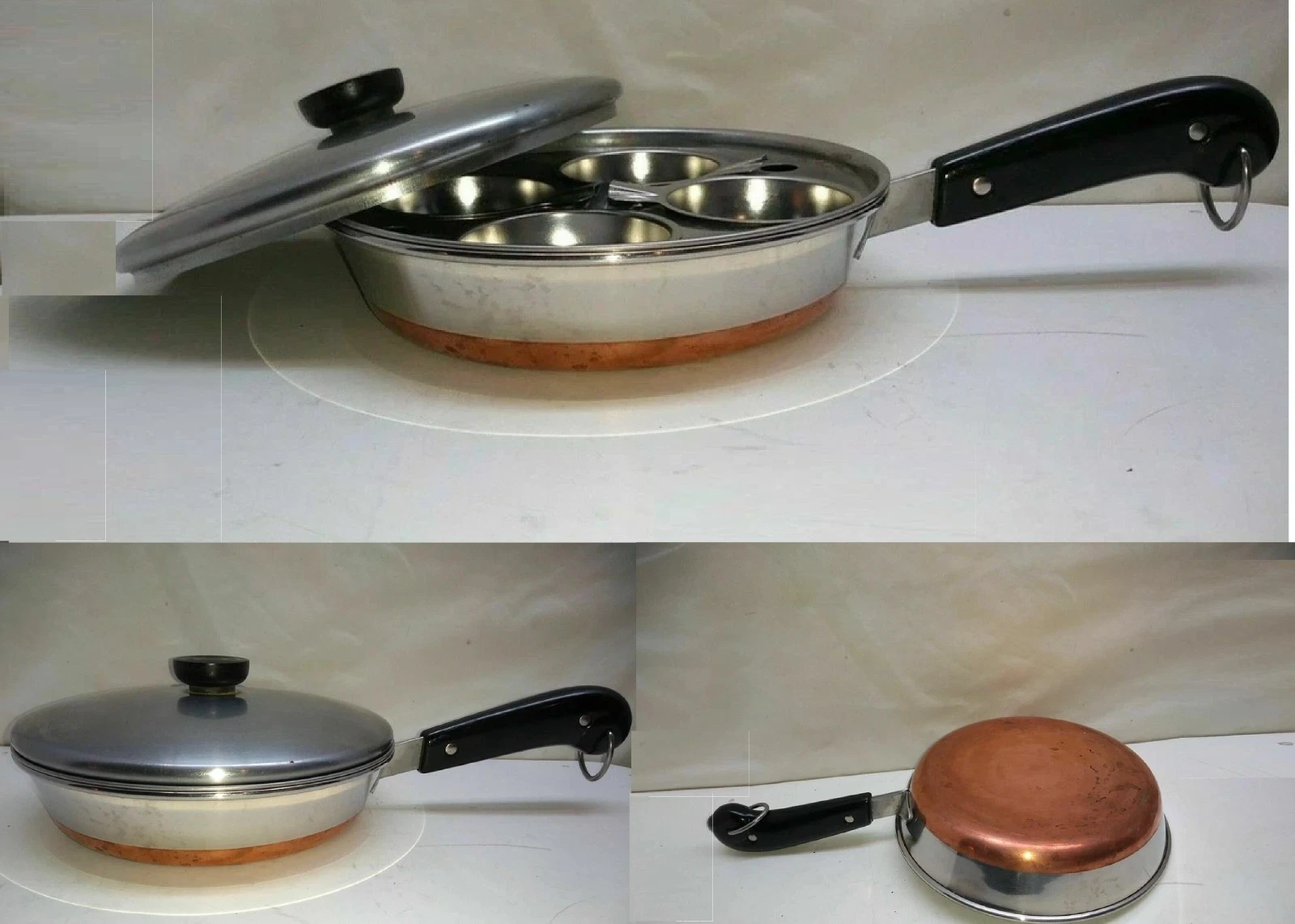 Revere Ware 8" Skillet Copper Clad Stainless 4 Cup Egg Poacher Insert Ring & Lid