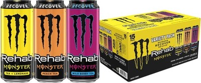 Monster Energy Rehab LPWBT, Variety Pack, Energy Iced Tea 15.5 Ounce Pack of 15