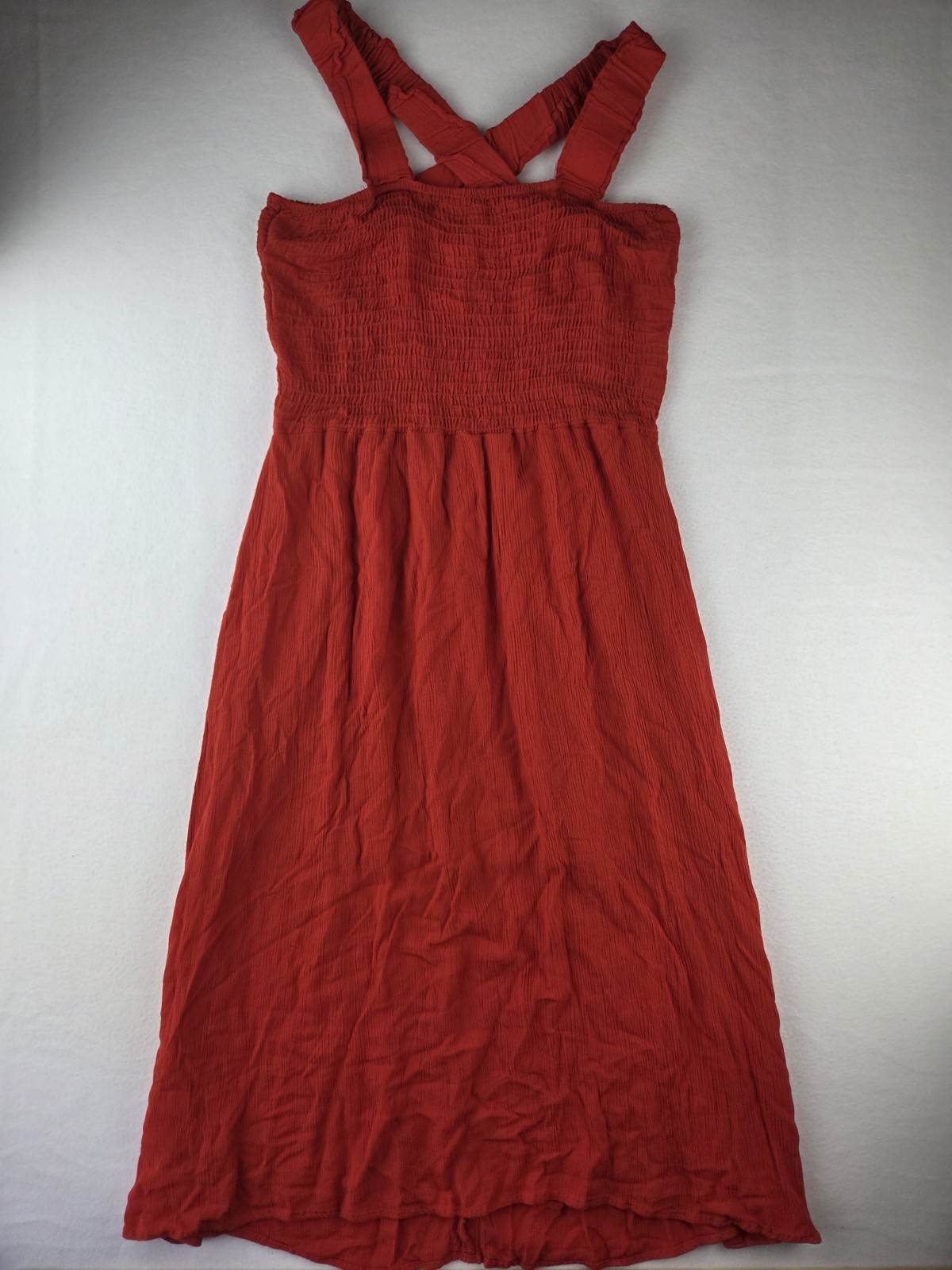 Gilli Women's Size Large Smocked  Peasant Dress Red Long Cross Straps