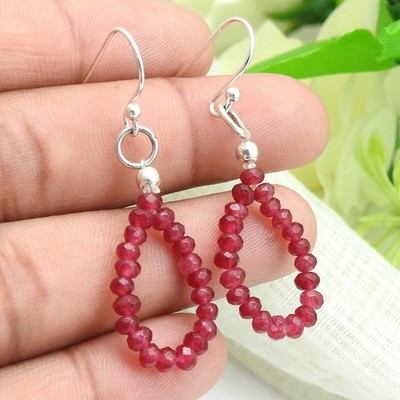 Natural Ruby Gemstone 925 Sterling Silver Beaded Dangle Earrings For Women Girls