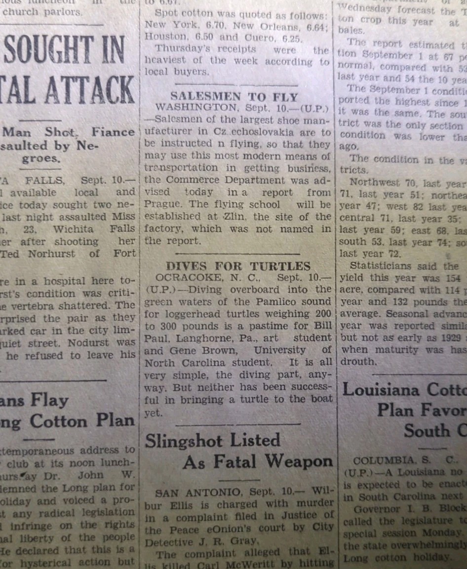 SEPT 10, 1931 NEWSPAPER PAGE #1556- SLINGSHOT LISTED AS FATAL WEAPON 