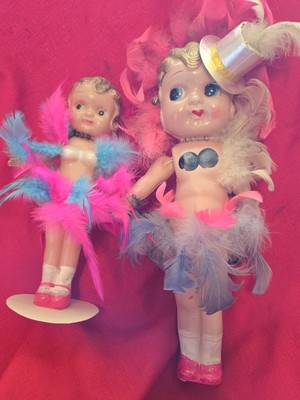 2 Antique Celluloid Carnival Kewpie Dolls with Feathers Strung Arms