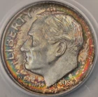 1957 D Roosevelt Silver Dime 10C ANACS MS67 Rainbow Toning