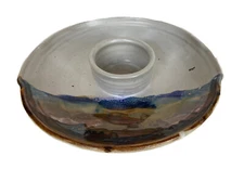 Decorative Landscape Theme Art Pottery Chip & Dip Tray, Signed M, 12" Wide