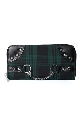 Banned Alternative Geldbörse Tartan Handcuff Geldbeutel Grün Kariert Punk Nieten