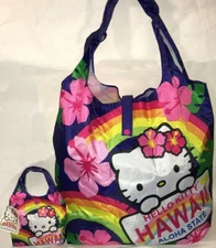 HAWAIIAN PURPLE HELLO KITTY HAWAII REUSABLE SHOPPING BAG FOLDABLE TOTE