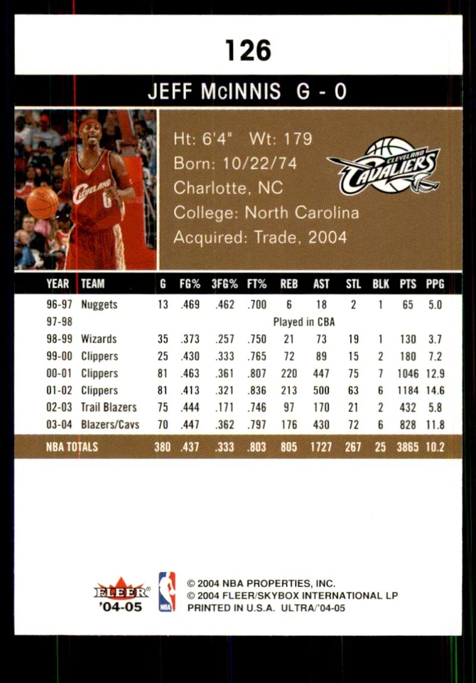 2004-05 Fleer Ultra Jeff McInnis Basketball Cards #126 - Image 2 of 2