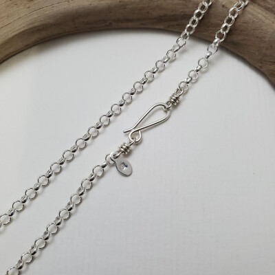 Sterling Silver Rolo Necklace Chain,  Handmade Hook and Clasp, Easy Closure
