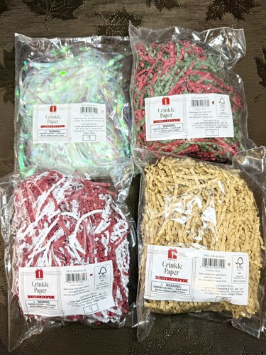 Crinkle Paper Lot Of 4 For Crafts Basket Filler Holograph Green Red Beige White