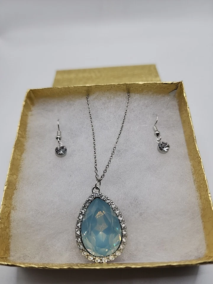 Conjunto de Joyas Colgante Collar 20" Pendientes 1" Cuelga Piedra Azul Estrás... Foto 4 de 4