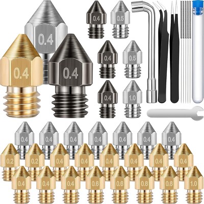 32PCS 3D Printer Nozzle Hardened Steel Stainless Brass W/Tool Cr-10 Ender 3 Pro