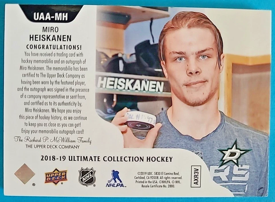 2018-19 Miro Heiskanen Ultimate Access RAP Rookie Auto Patch RC Autograph /25 - Image 2 of 2