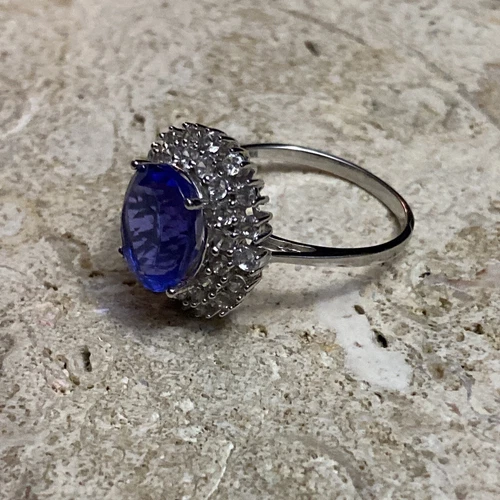 Vintage Sapphire and CZ Cluster 925 Silver Women's Ring Size 10 #717