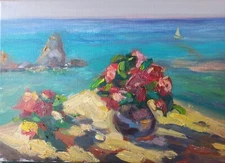 Painting Original  rose and the sea Impressionism Oil on Canvas by A.Shrub