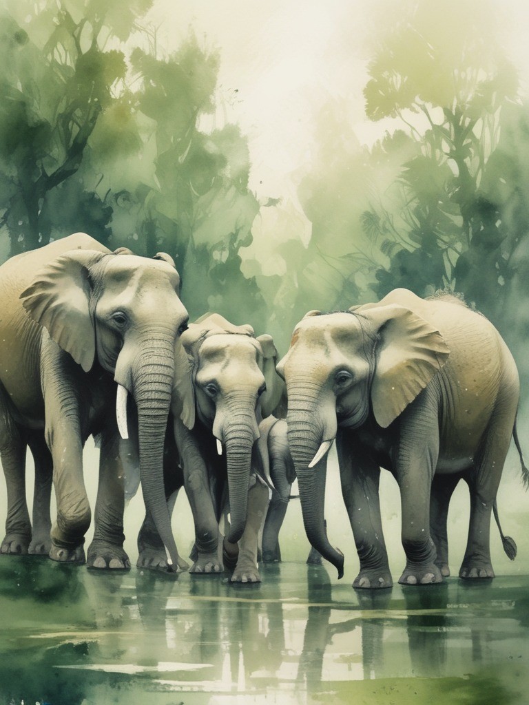 elephant-herd-watercolour-loose-forest-green-a4-wall-art-print-ebay-uk