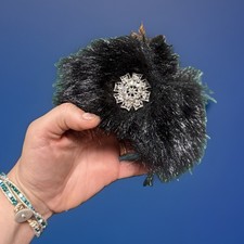 Black Faux Fur COLLAR/Stole w/DECORATIVE BROOCH Button Classy Vintage Black