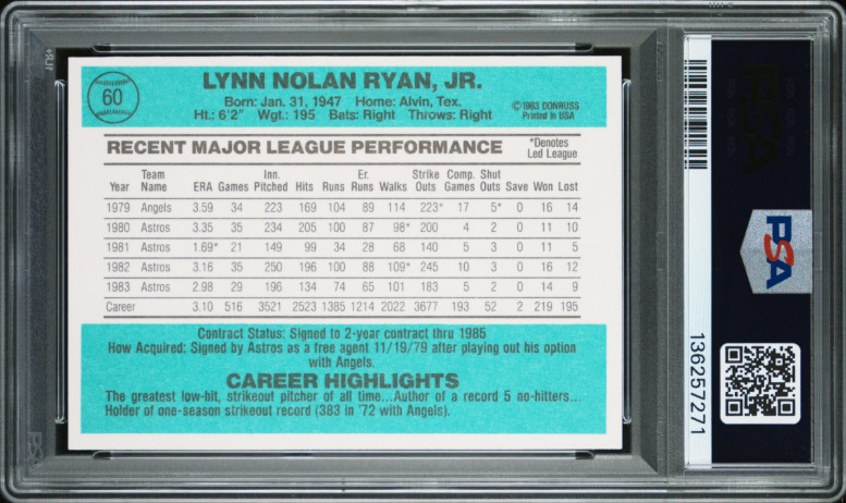 1984 Donruss Nolan Ryan HOF Signed Baseball Card #60 PSA/DNA Certified Auto 10 view 3