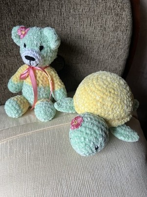Handmade Crochet Turtle /Bear Set Chenille Yarn 7 . Embroidered Eyes Child Safe