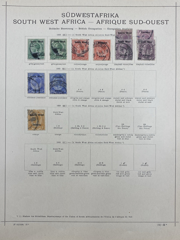 South West Africa, 1923-1938, stamps on album pages, hinge mounted.