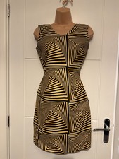 Vintage Gold Black Geometric Shift Dress Sleeveless Knee Length UK 10