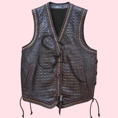 Men's Black Real Crocodile Print Leather Biker Vest Handmade Braided Zip Style