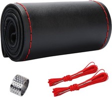 Genuine Leather Steering Wheel Cover 15  Stitch On Wrap Black Red Non Slip