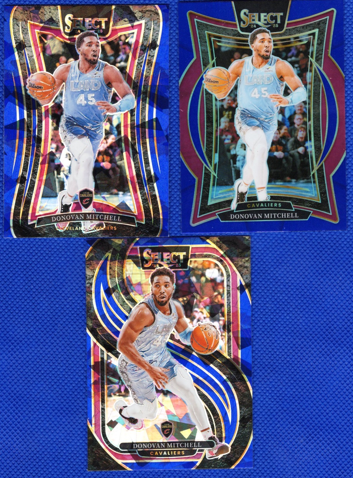 2024-25 Panini Select 3 card Donovan Mitchell #21 Blue Prizm, Cracked Ice Prizm