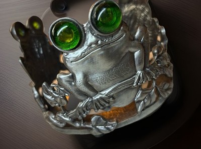 Whimsical Frog Pillar Candle Holder Glass Eyes Silver Tone Circle Hallmark 4.25 