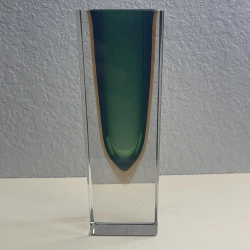 VINTAGE SOMMERSO MURANO GLASS VASE GREEN & YELLOW TO CLEAR MID CENTURY