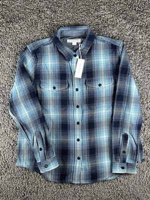 Outerknown Women s M/L Blanket Shirt Plaid Blue White Green 100% Organic Cotton