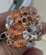 Enamel Peachy Orange Flowers Crystals Large Statement Ring Rose M tal Size 6