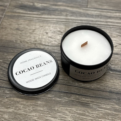 Cacao Beans Duftkerze schwarz rund in Metalldose mit Holzdocht, 1 Stück