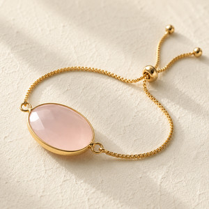 Authentic Natural Rose Quartz Oval Crystal Charm Bracelet | 18K Gold Plated | Boho Vintage