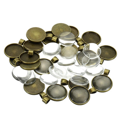30pcs  25mm Round Antique Gold Bezel Pendant Trays  Plus 30ps Cabochon Glass