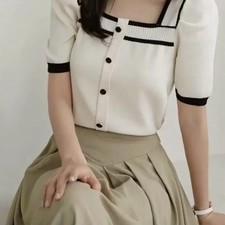 Color-block Square Neck Short Sleeve Knit Cardigan Worn Once