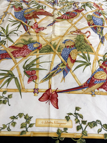 Salvatore Ferragamo Silk Scarf 32" Navy Ivory Multicolor Parrot Butterfly Bamboo