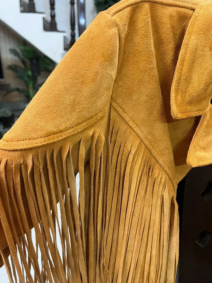 Jaqueta de couro feminina camurça franja ocidental boho cowgirl festival casaco jaqueta - Imagem 2 de 4