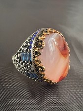 925 Sterling Silver Ring Yemeni Aqeeq Agate Stone Ring Men Ring New Size 9 US