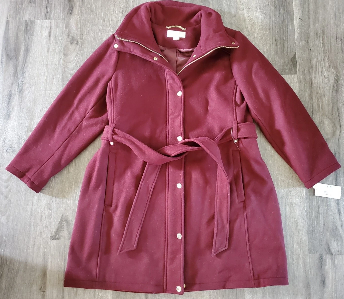 Michael Kors Nuovo 1X Lungo Lana Merlot Trench Giacca Ferretto Cerniera Intera Cintura $380