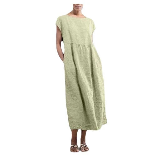 Camicia abito bohémien donna casual estate cotone lino tasca abito MIDI sciolto - Foto 14 di 20