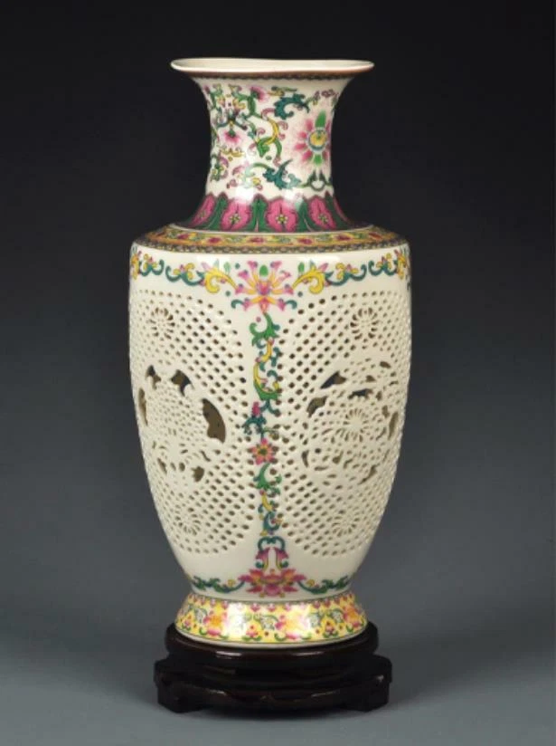 11.4" China Porcelain Famille Rose Hollow Plum Orchid Bamboo Chrysanthemum Vase - Image 4 of 4
