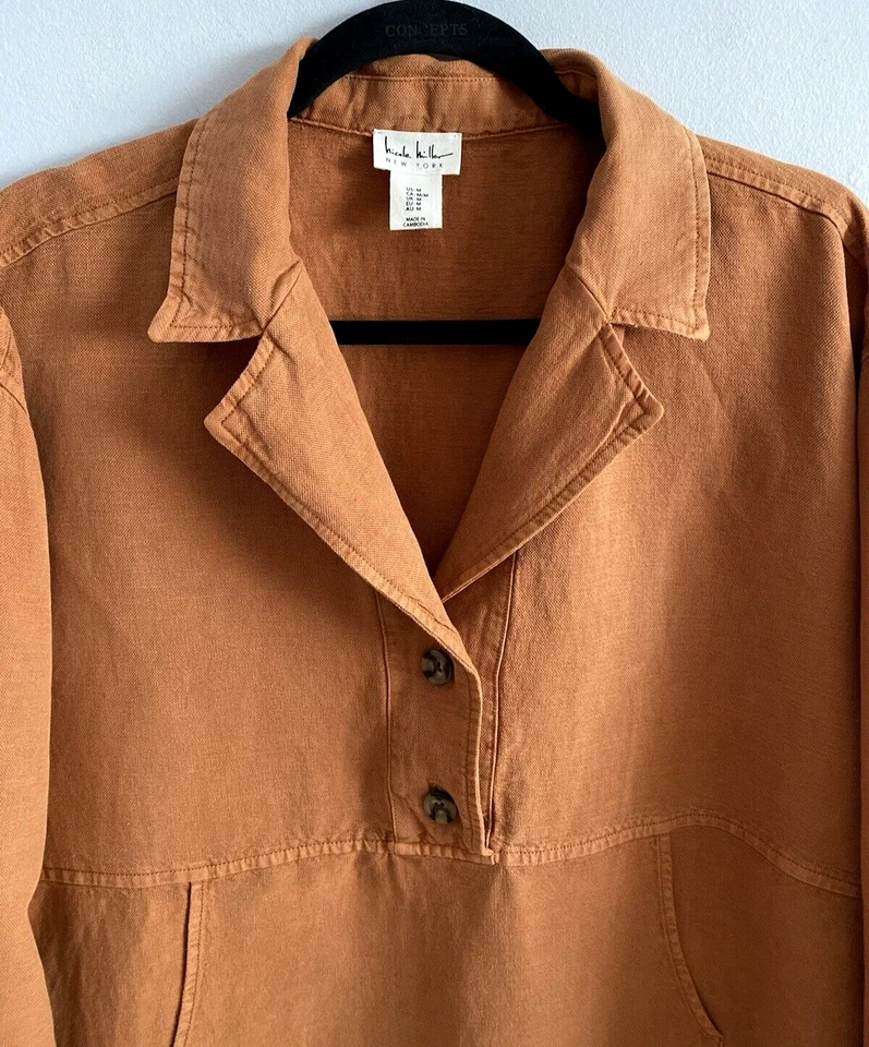 Nicole Miller Linen Blend Pullover Top Button Front Oversized Rust Size M - Image 2 of 4