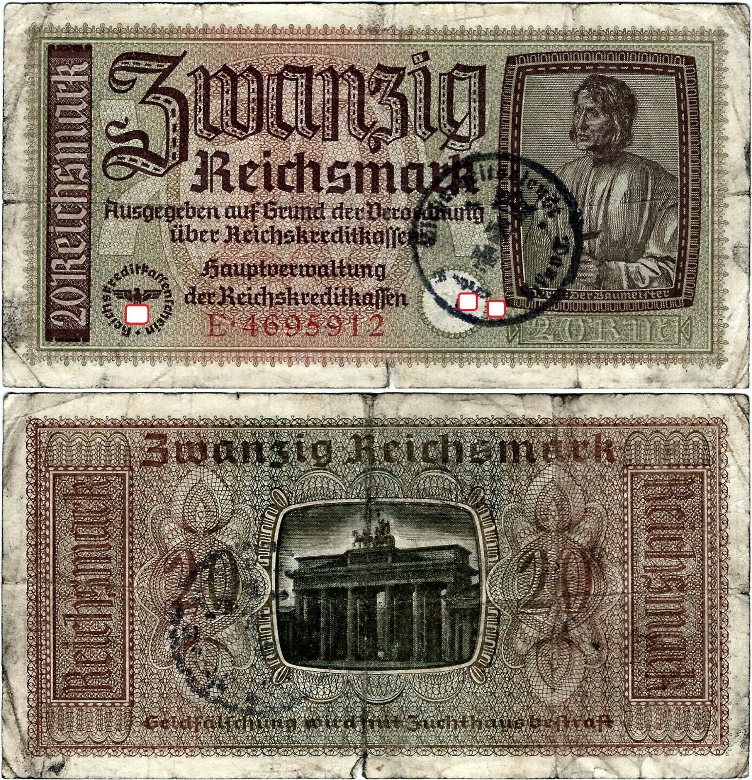 20 Reichsmark ND (1940-1945) Reichskreditkasse ZWK-5a z pieczęcią VERY RARE